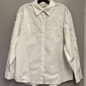Sachin and Babi white cotton button front shirt with whites sequin embroidery